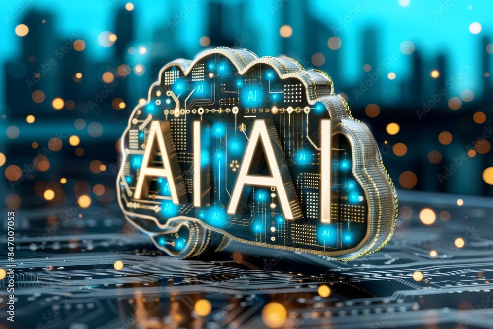 Aufkleber ai integration in a digital cloud environment with advanced technology and neon lights representing 