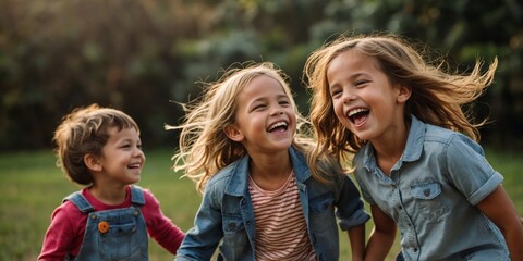 Three laughing children playing and enjoying each other's company in an outdoor setting