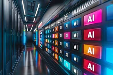 Fototapeta premium High tech data center with AI integration and digital displays representing advanced technology and innovation in a modern facility photography high detail blue tones cyber theme futuristic