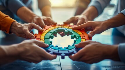 Multiple Hands Collaboratively Assembling A Colorful Circular Puzzle, Emphasizing Teamwork Unity.