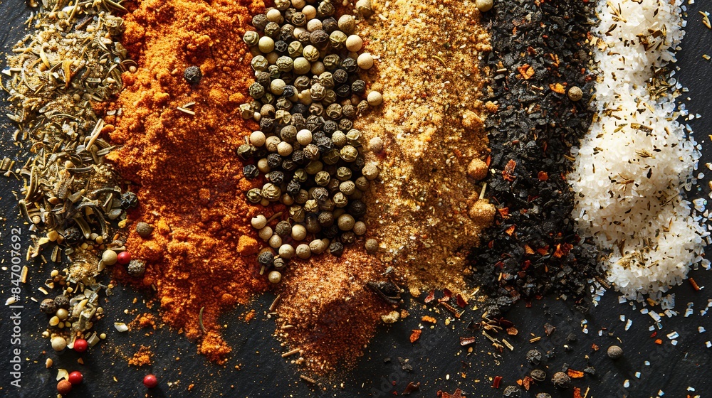 Aufkleber a close-up shot of various grilling spices arranged in rows on a kitchen countertop. generative ai