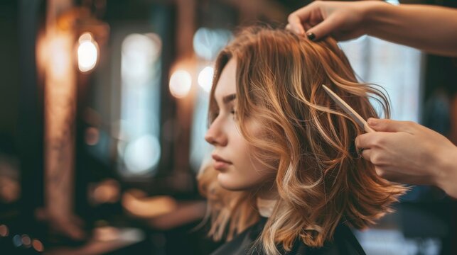 A woman with long blonde hair sits in a salon chair as a stylist combs her hair. The salon is dimly lit with warm lighting.