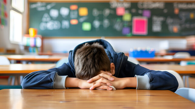 Sad young student sitting in the classroom