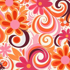 Fototapeta premium 60s/70s pink orange hippy pattern with flowers