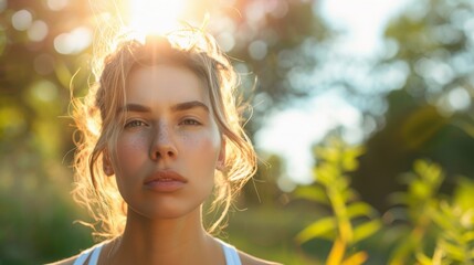 Fototapeta premium A woman with blonde hair stands in a forest with sunlight shining down on her. The sun is bright, creating a lens flare and bokeh effect.