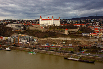 View on the Bratislava Castle, the main castle of Bratislava, Slovakia. It stands on isolated rocky hill of the Little Carpathians, directly above the Danube river
