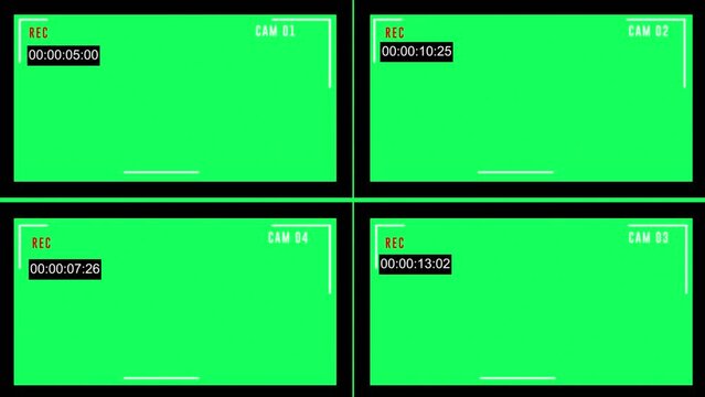 CCTV Recording 4 screen display view and green screen background animation footage 4K.