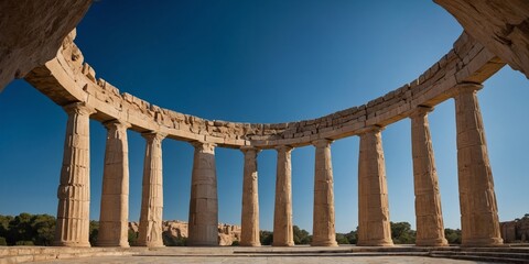 Fototapeta premium Striking image of an ancient Greek temple, with tall columns set against a clear blue sky, symbolizing history and architectural grandeur
