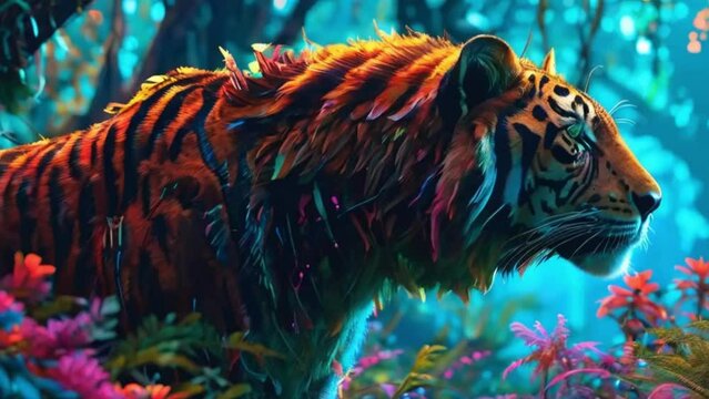 An animation illustrating a high-quality neon animal kingdom. It features various animals illuminated by neon lights, creating a vibrant and enchanting scene