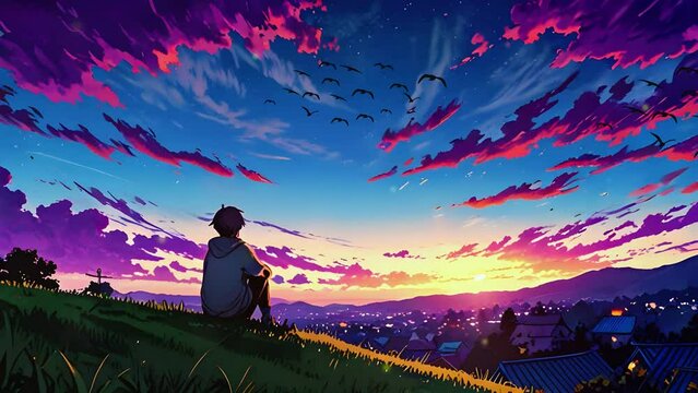 Lofi boy in nostalgic nature sky clouds village scene, lofi relaxing, calming nature, asmr, cute anime boy 4K High-Quality Animation Video
