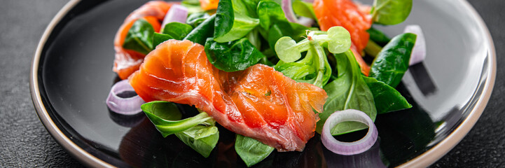 salmon salad snack fresh appetizer meal food on the table copy space food background rustic top...