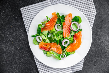 salmon salad snack fresh appetizer meal food on the table copy space food background rustic top view 