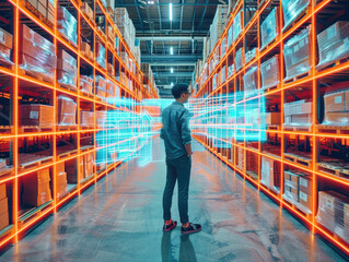 worker is standing in a warehouse with a virtual reality headset on.