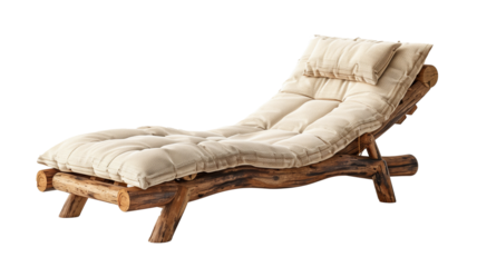 Isolated wooden beach lounger with cushioned seat and headrest