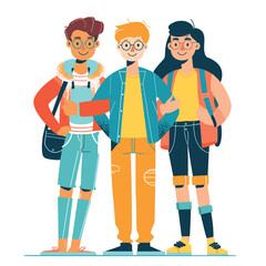 Three young adults, cartoon characters, stand together smiling, exude friendship youth. Male female characters, casual attire, glasses, bright clothes, unity, diversity, modern style Illustration