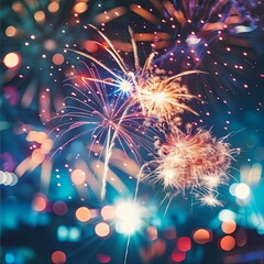 Obraz premium Explosive Red and Blue Fireworks Display Night Sky