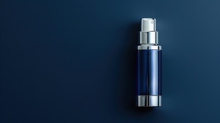 Shiny silver cosmetic bottle on a solid navy background