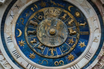 Detailed view of an ornately decorated medieval astronomical clock featuring zodiac signs