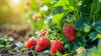 A strawberry plant field with many red strawberries fruits hanging in branch