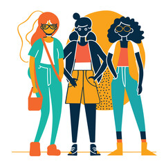 Three trendy women stand together, fashionable urban style, female friends meet up. Young adults women wear colorful casual outfits, fashion diversity, stylish streetwear, cool pose. Trendsetting