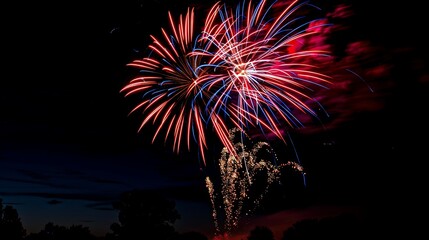 Explosive Red and Blue Fireworks Display Night Sky