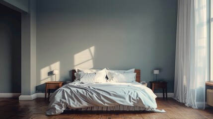 A quiet bedroom with a comfortable bed and a large window letting in natural light