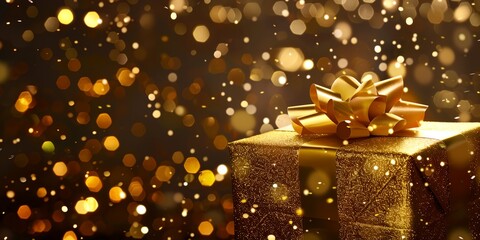 gold gift box with bow on it and a blurry background of gold lights