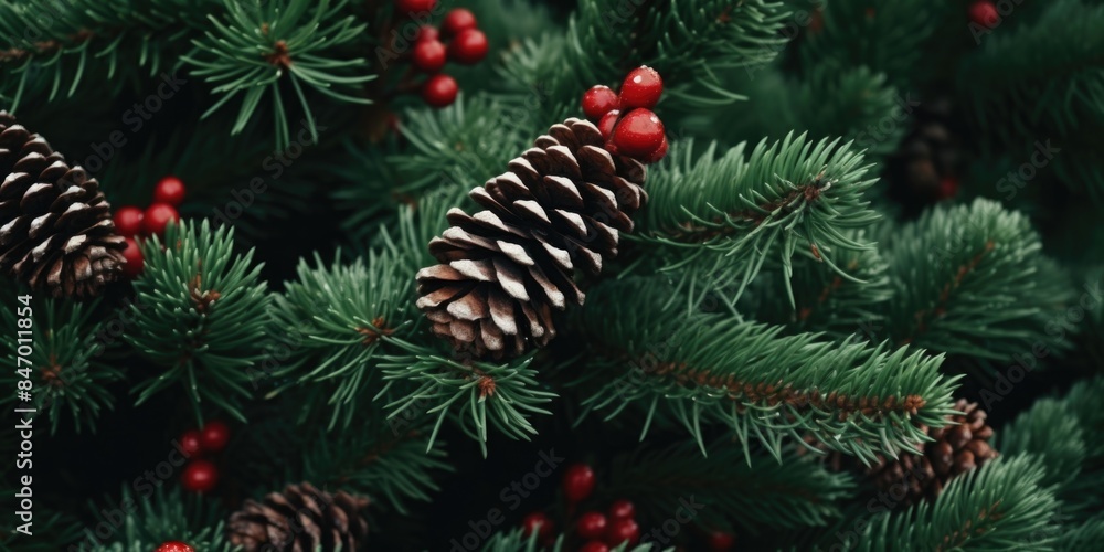Poster a close-up view of a pine tree with cones and berries