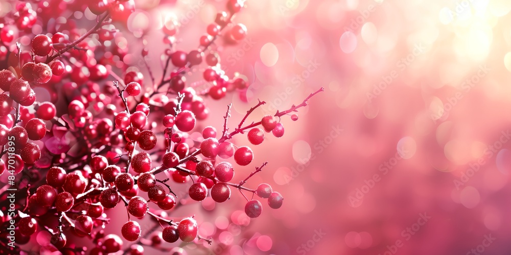 Poster a bunch of berries are hanging from a tree branch with pink and red lights in the background