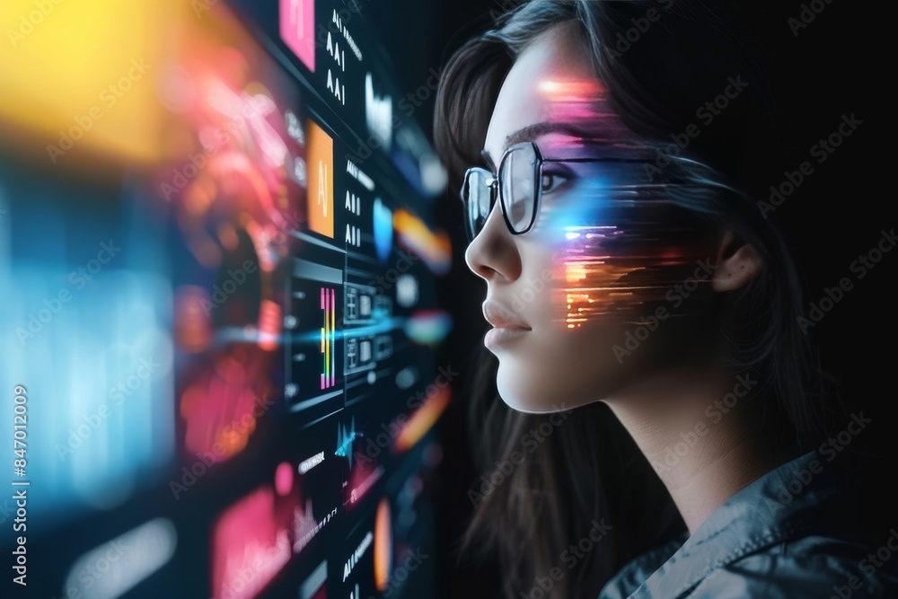 Poster futuristic ai head with holographic interface and digital effects representing advanced technology a