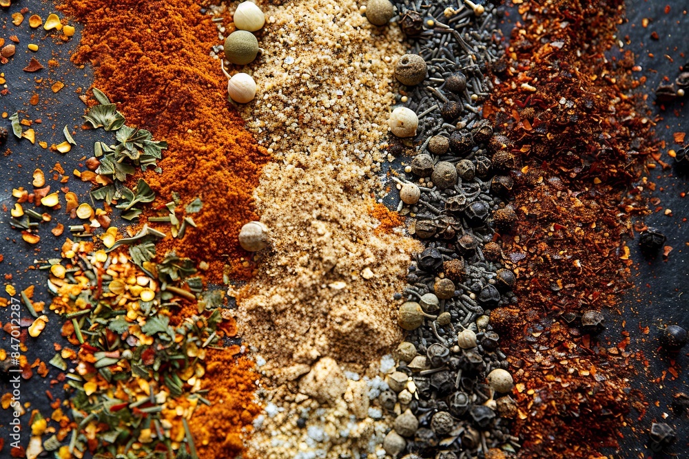 Poster A close-up shot of various spices arranged in lines on a dark countertop, showcasing the vibrant colors and textures of the ingredients perfect for grilling. Generative AI