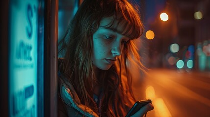 Fototapeta premium A girl checking on her phone at a bus stop at night