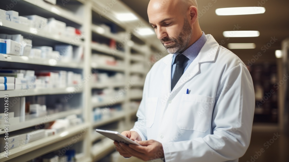 Poster a scientist reviewing data on a tablet computer in a laboratory environment, with a hint of curiosit