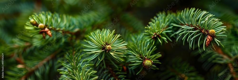 Poster close up of a pine tree branch with cones on it's branches and needles