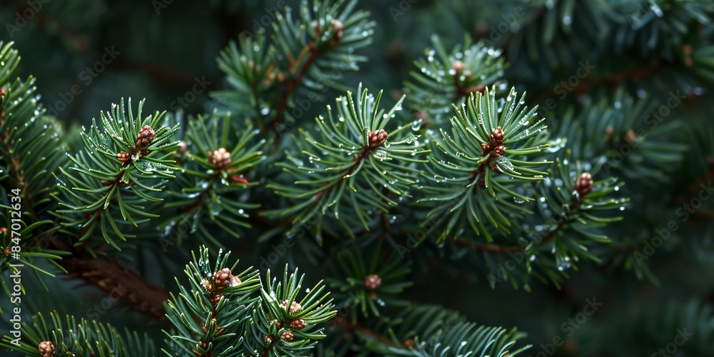 Poster close up of a pine tree with lots of needles and cones on it's branches