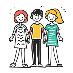 Three cartoon children standing together, smiling, happy, friendship, boys girls, colorful clothing, simple drawing style. Young friends group, diverse, joyful, stick figure illustration casual