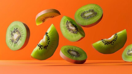 Fototapeta premium Sliced kiwi fruit pieces floating on a vibrant orange background, capturing the freshness and vibrancy of the fruit.
