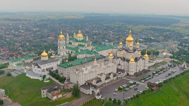 Aerial view of Pochaev Monastery, Orthodox Church, Pochayiv Lavra at day, Ukraine. Pochayiv Lavra in morning. View from the hills