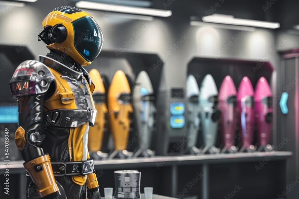 Poster futuristic humanoid robots in a high tech showroom representing advanced robotics and innovation pho
