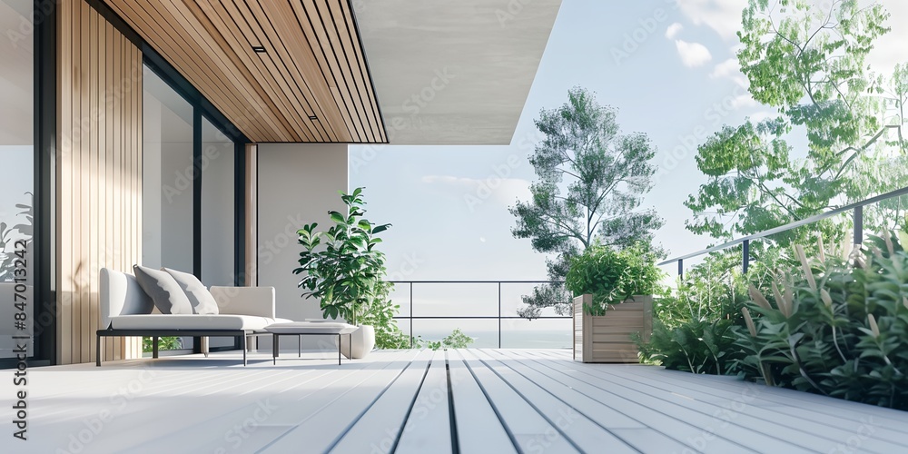 Poster large deck with a chair and a couch on it next to a tree and view of the ocean