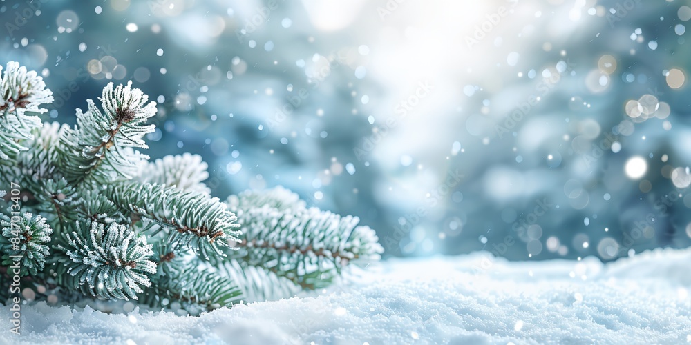 Poster pine tree branch covered in snow in a winter scene with a boke and a blurred background