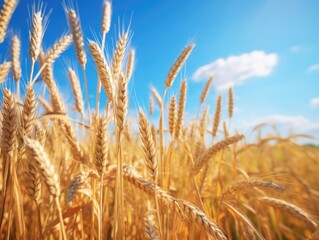 Fototapeta premium Agricultural landscape with wheat and clear blue sky, suitable for use in rural-themed or nature-inspired designs