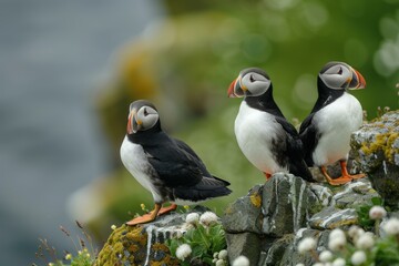 Fototapeta premium Three atlantic puffins standing on a rock surrounded by green foliage, in their natural habitat