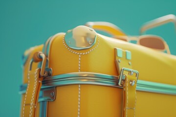 A close-up of a bright yellow suitcase with a handle and straps