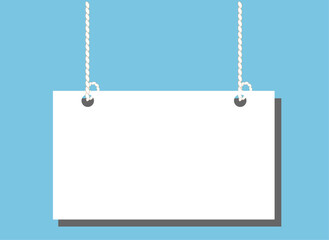 Blank hanging white vector poster frame with rope isolated on blue background.