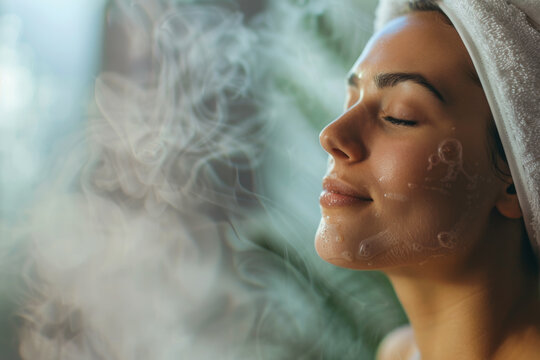 Woman is enjoying a facial steaming session for skin care and relaxation at a spa