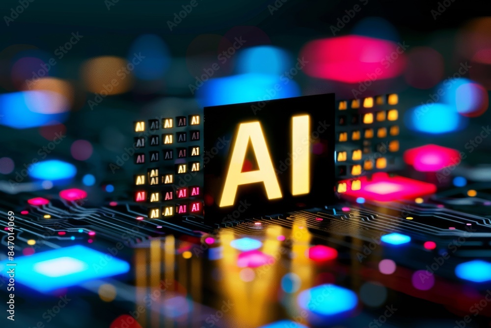 Aufkleber neon lit ai icon on a circuit board, representing the future of artificial intelligence and advanced