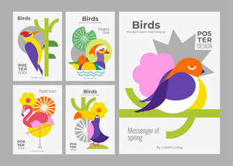 Naklejka premium Birds Set of vector posters with birds. Simple, minimalist design with a woodpecker, flamingo, swallow, toucan, and mandarin duck. Background images for covers, banners, poster, and more