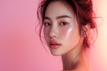 Naklejka premium Beauty asian woman model showcasing moisturizing skincare, paper backdrop in studio, woman with red hair and a pink background. She has a lot of makeup on her face