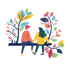 Young couple holding hands sitting bench surrounded colorful stylized trees, enjoying nature. Man wearing red hat, woman yellow top, casual outdoor leisure scene, flat design vector illustration